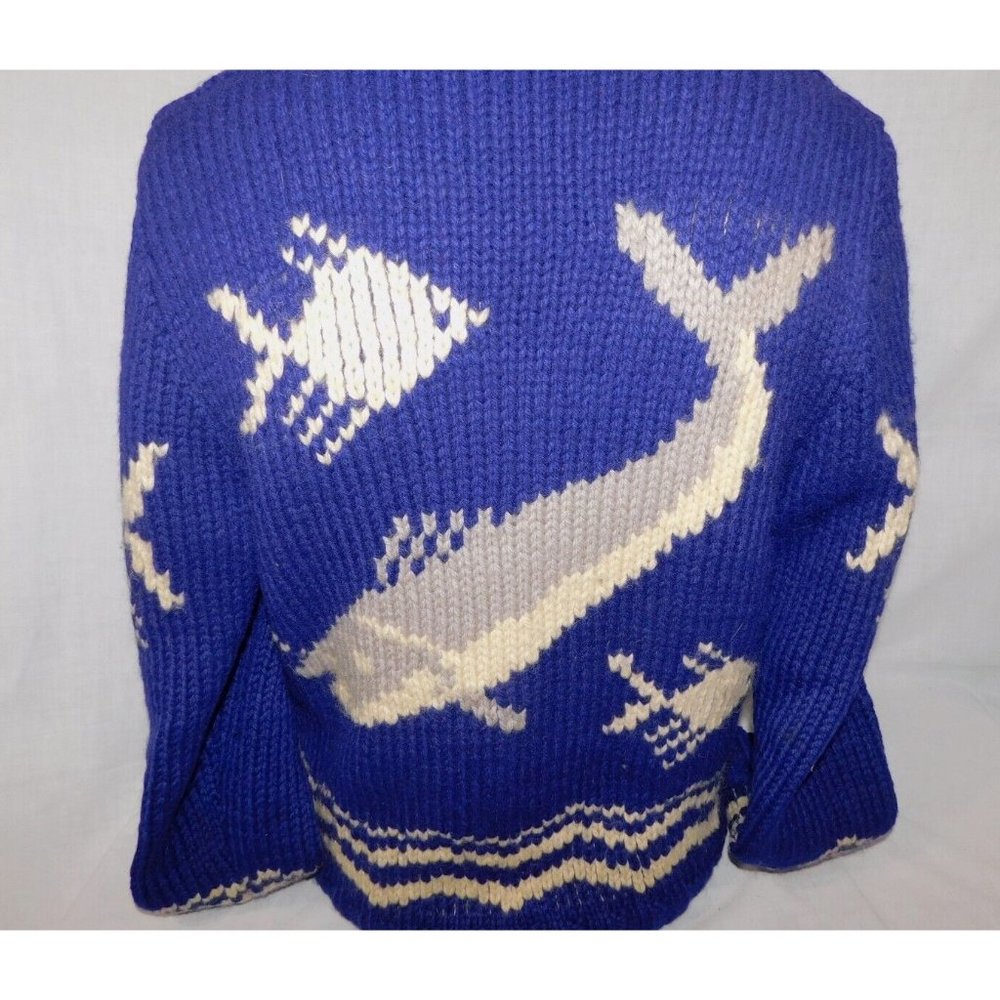 Vintage 50s 60s Cowichan cardigan Blue Whale Fish Wool Full Zip Sweater Jacket M - Picture 11 of 11